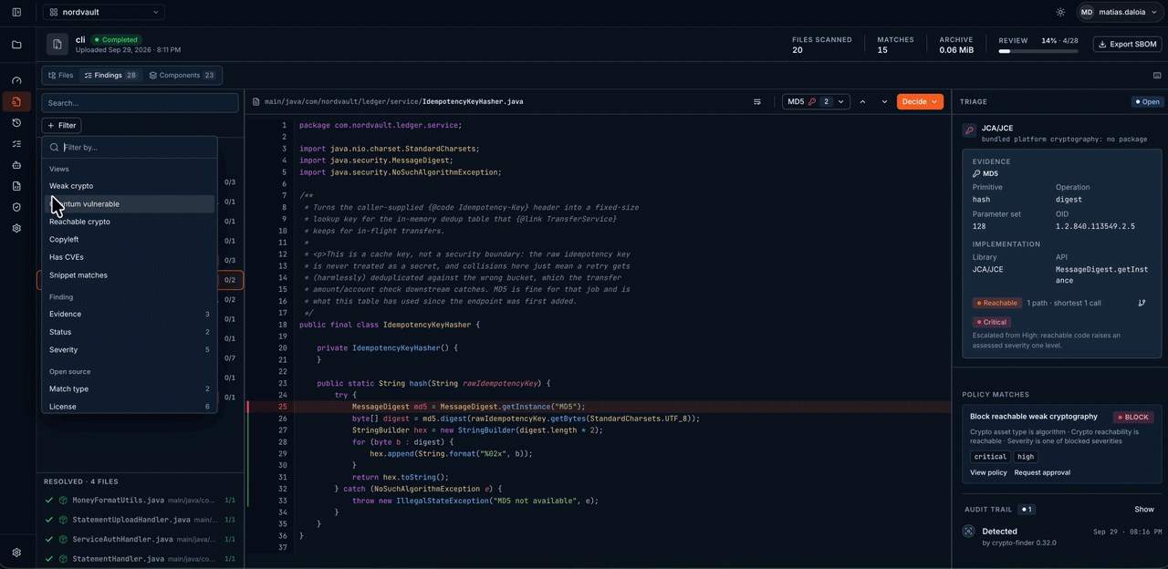 The Earnie UI: findings filtered by algorithm, a weak hash flagged in the code, the matching policy and its audit trail