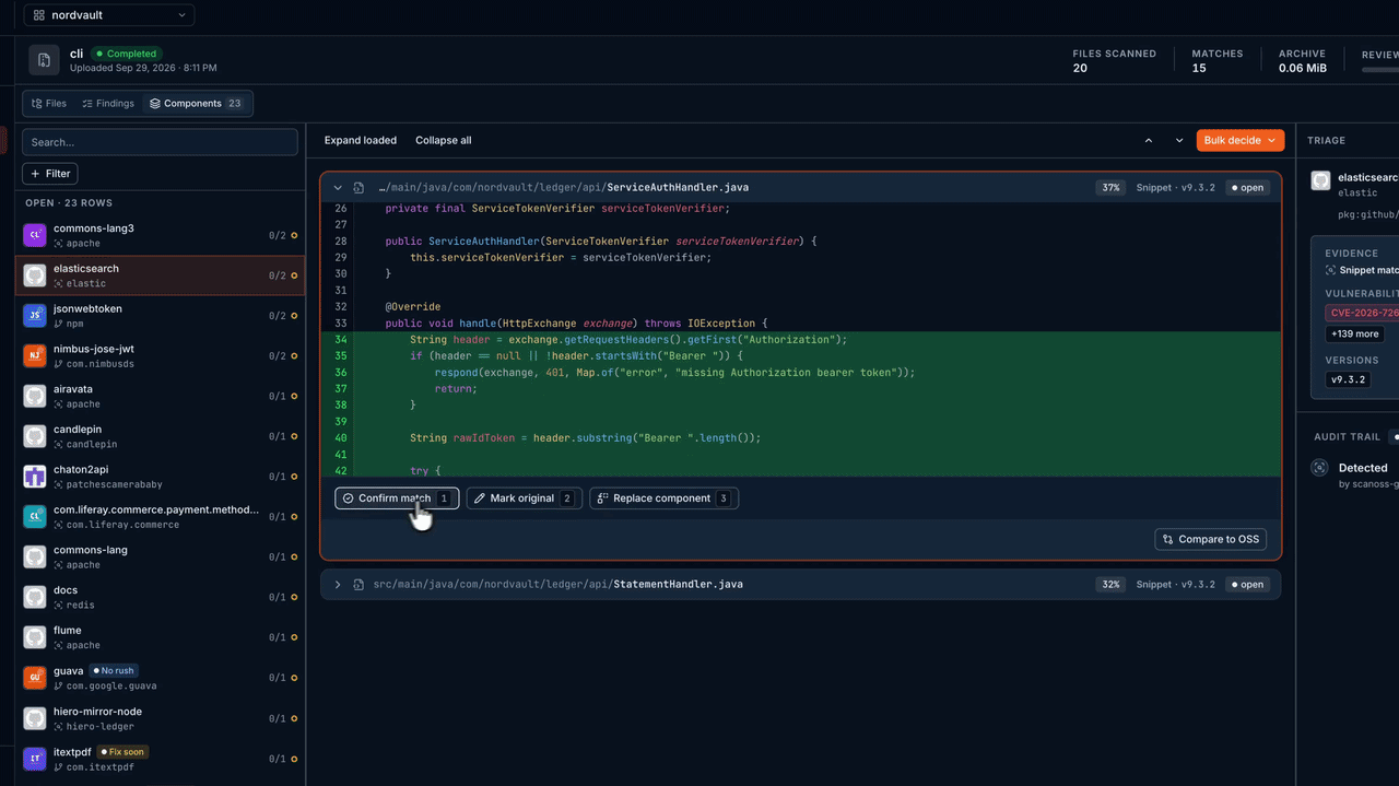 Split-screen view: a finding opened side by side with the matched open source file, matching lines highlighted