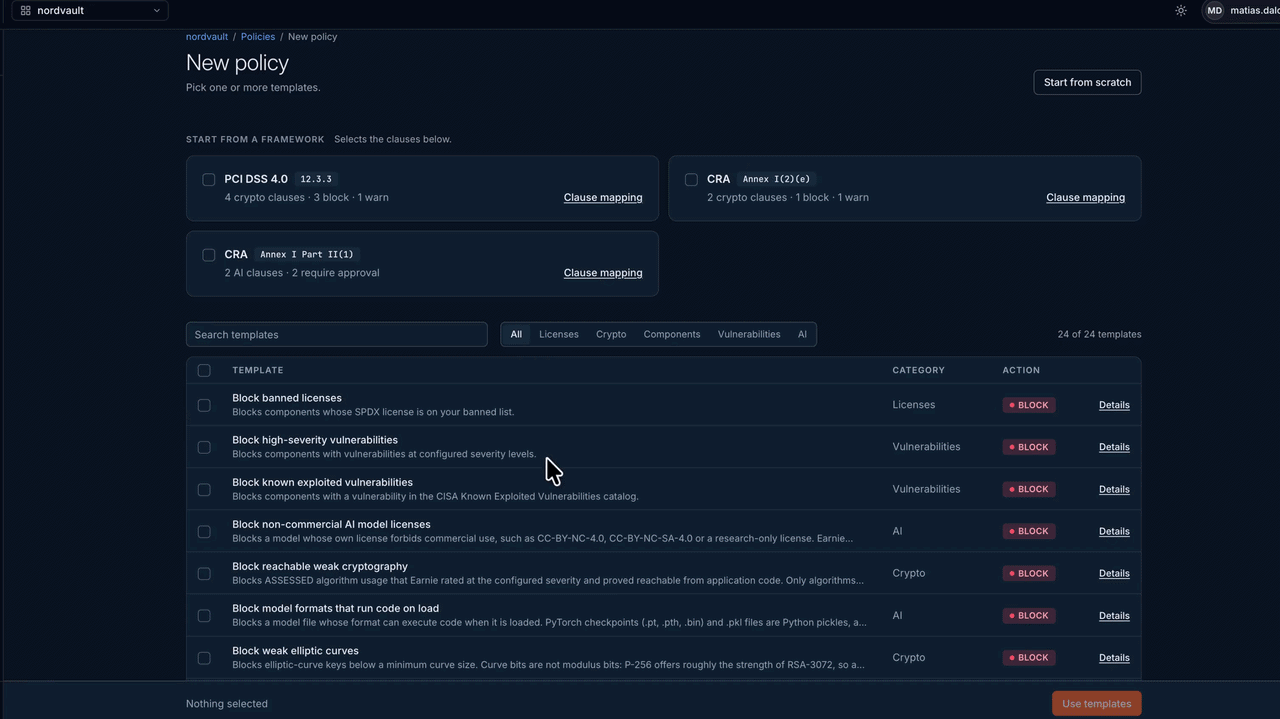 Policy built in the UI: framework templates selected, policies created, then a rule edited