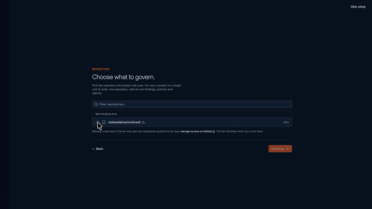 Project set up in the UI: a repository picked, the project named and its scanners chosen