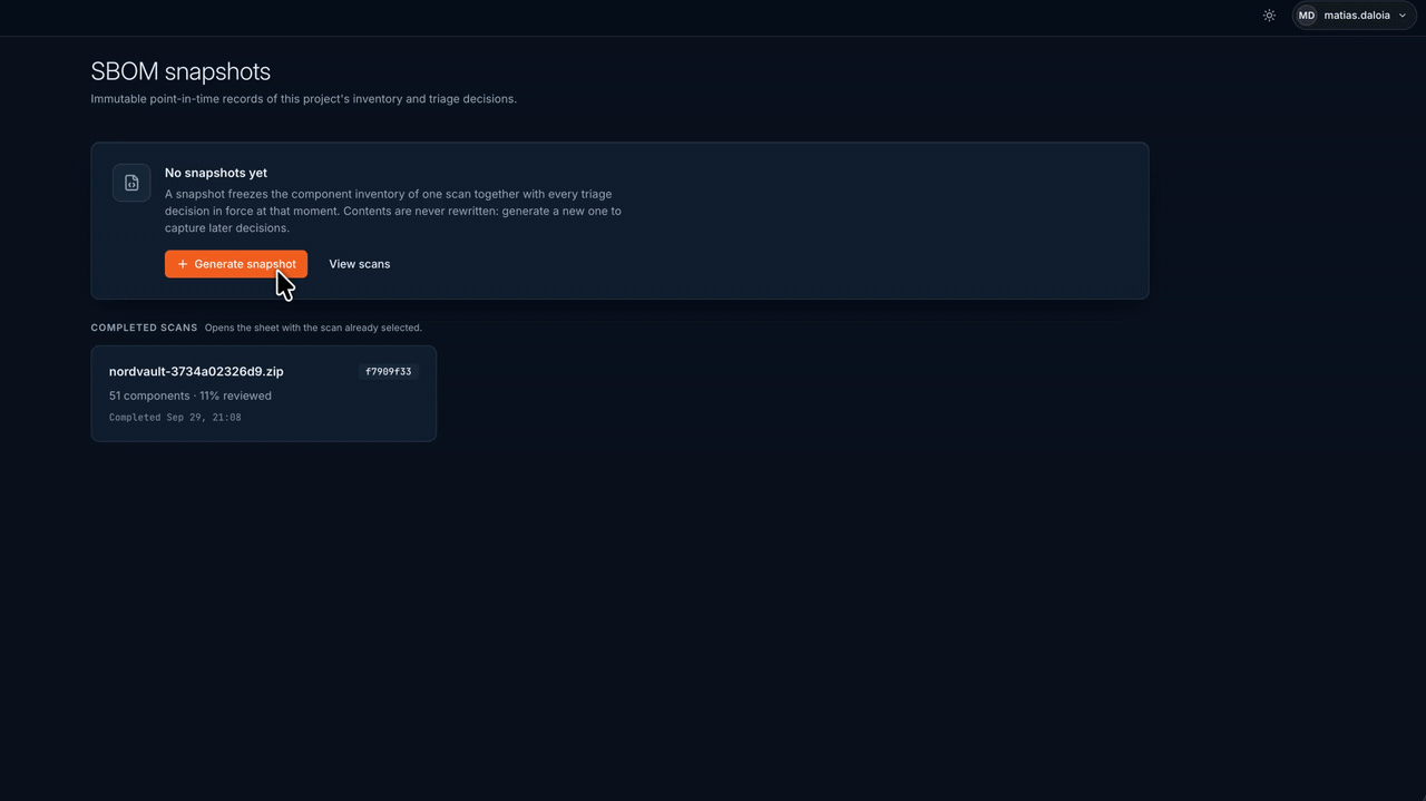 Get your BOM: an SBOM snapshot generated from a scan in CycloneDX and SPDX